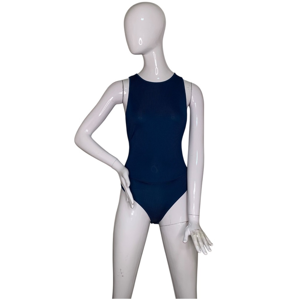 Zara Ribbed Bodysuit Sleeveless Round Neckline Snap Buttons Navy Blue Size S